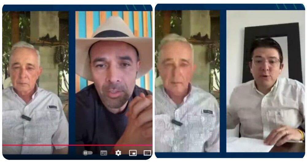 El expresidente Álvaro Uribe escucha las propuestas de los precandidatos Andrés Guerra y Miguel Uribe.
