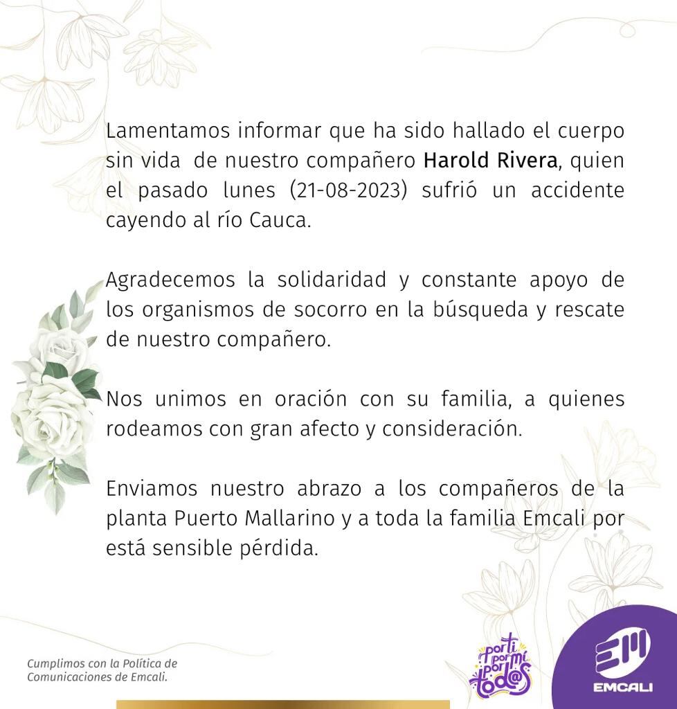 Este es el comunicado con el que Emcali confirmó el hallazgo del cuerpo del operario.