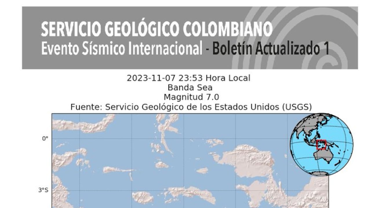 Yakarta, Indonesia | AFP | miércoles 08/11/2023 - 01:28 UTC-5 | 255 palabras
Un terremoto de magnitud 7,1 ocurrió el miércoles al este de Indonesia, en el mar de Banda, a lo largo de las islas Molucas pero lejos de la costa, según el servicio geológico de Estados Unidos (USGS). Foto: @sgcol