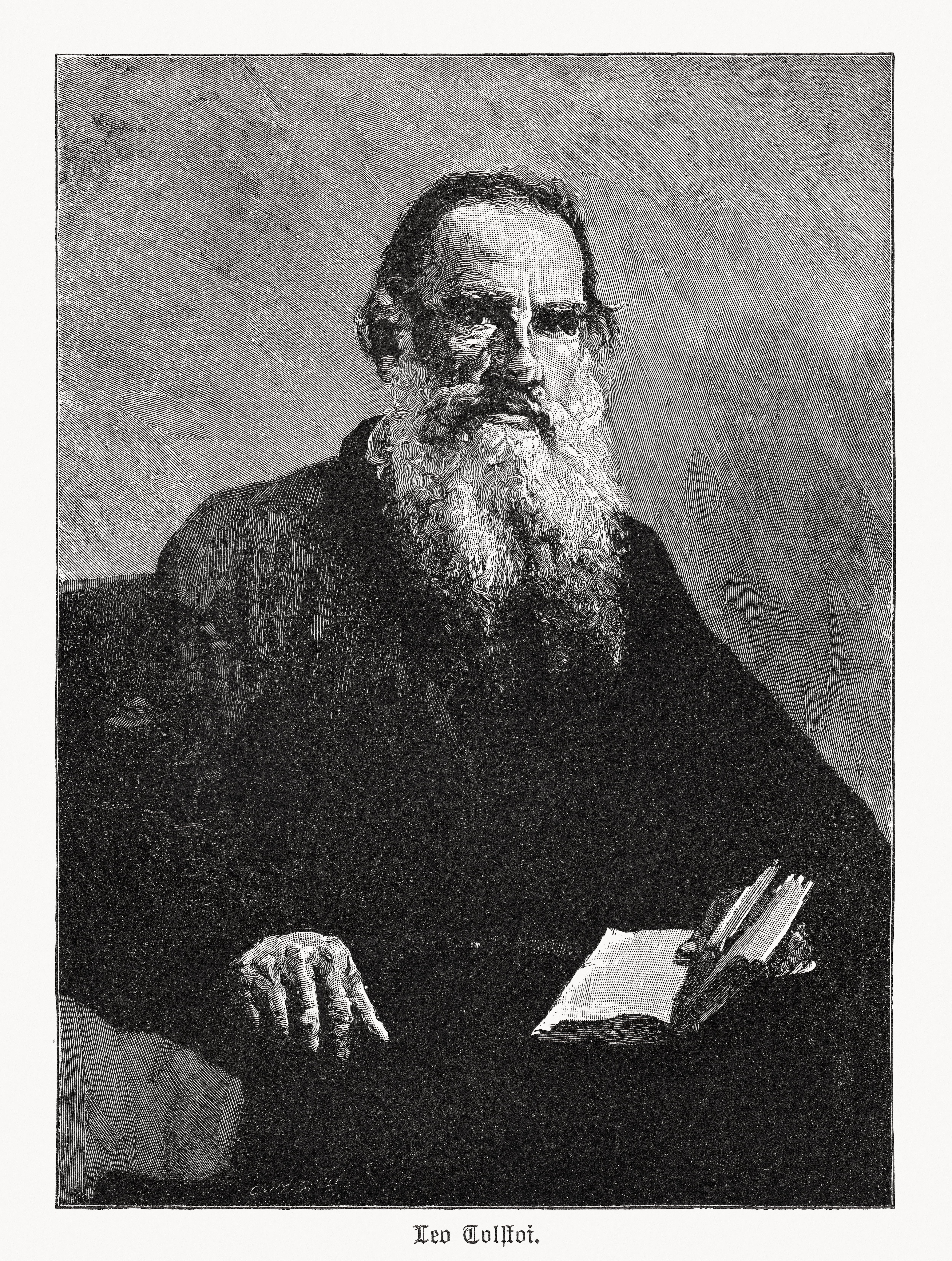 Considerado uno de los autores más grandes e influyentes de todos los tiempos, fue nominado al Premio Nobel de Literatura anualmente entre 1902 y 1906, y al Premio Nobel de la Paz en 1901, 1902 y 1909. Grabado en madera basado en un óleo (1887) de Ilja Jefimowitsch Repin (pintor ruso, 1844-1930) en la Galería Tretjakow, Moscú, Rusia, publicado en 1895.