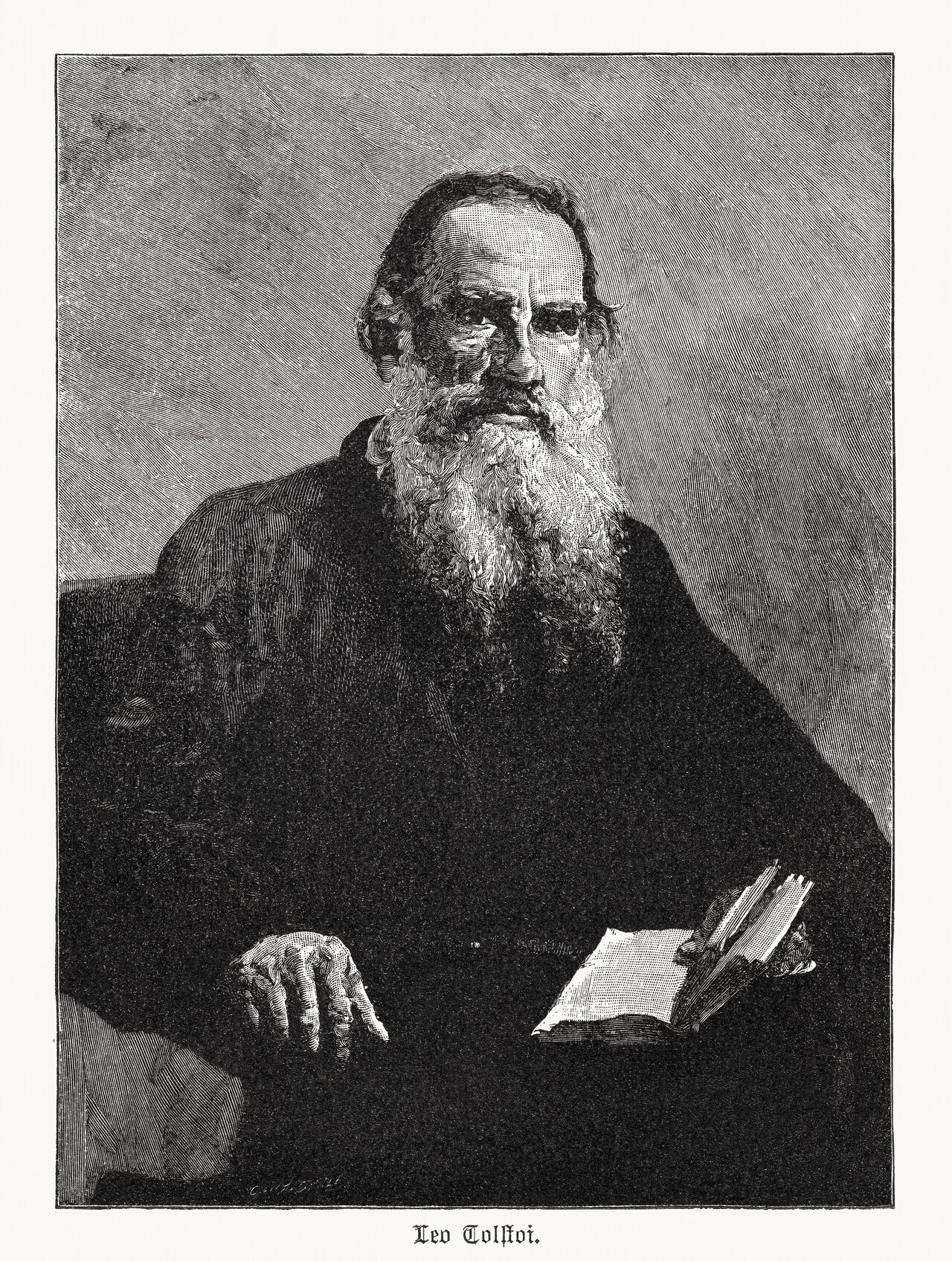 Considerado uno de los autores más grandes e influyentes de todos los tiempos, fue nominado al Premio Nobel de Literatura anualmente entre 1902 y 1906, y al Premio Nobel de la Paz en 1901, 1902 y 1909. Grabado en madera basado en un óleo (1887) de Ilja Jefimowitsch Repin (pintor ruso, 1844-1930) en la Galería Tretjakow, Moscú, Rusia, publicado en 1895.