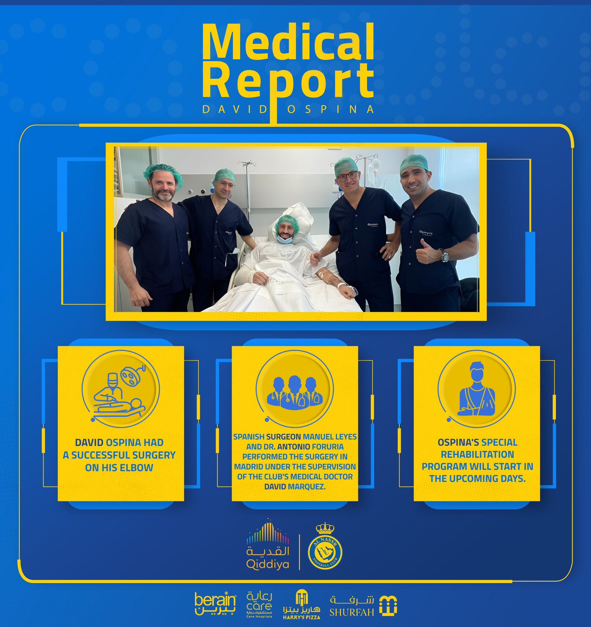 Parte médico del Al-Nassr luego de la cirugía que le practicaron a Ospina en Madrid