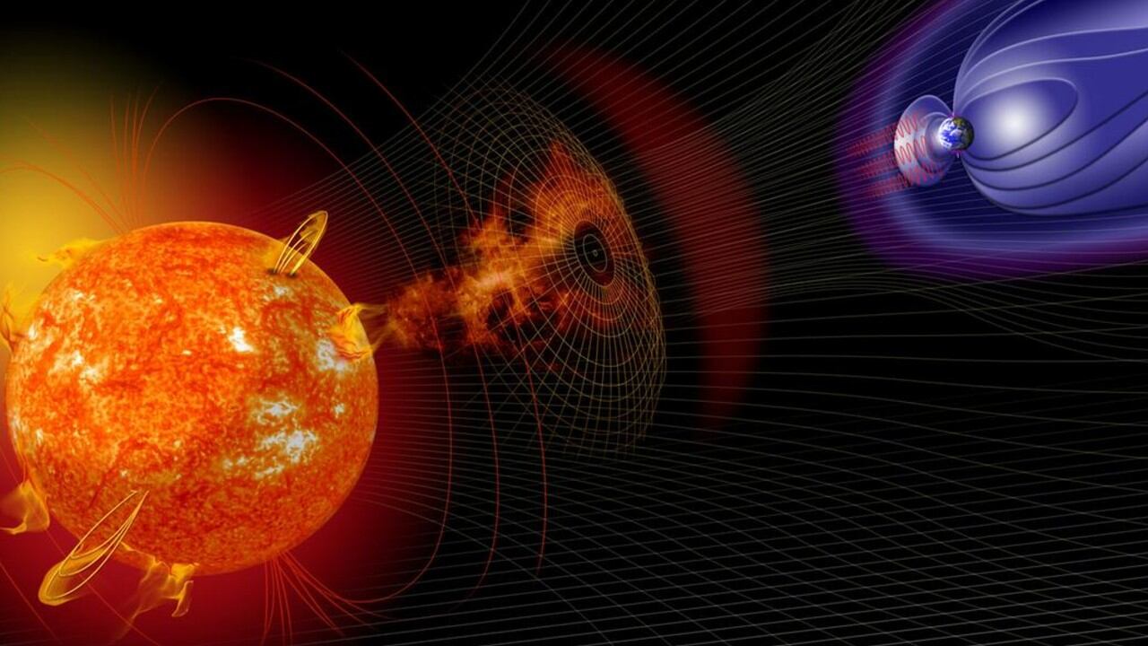 Ilustración artística de una tormenta solar: las erupciones y eyecciones de masa coronal pueden afectar satélites y redes eléctricas en la Tierra.