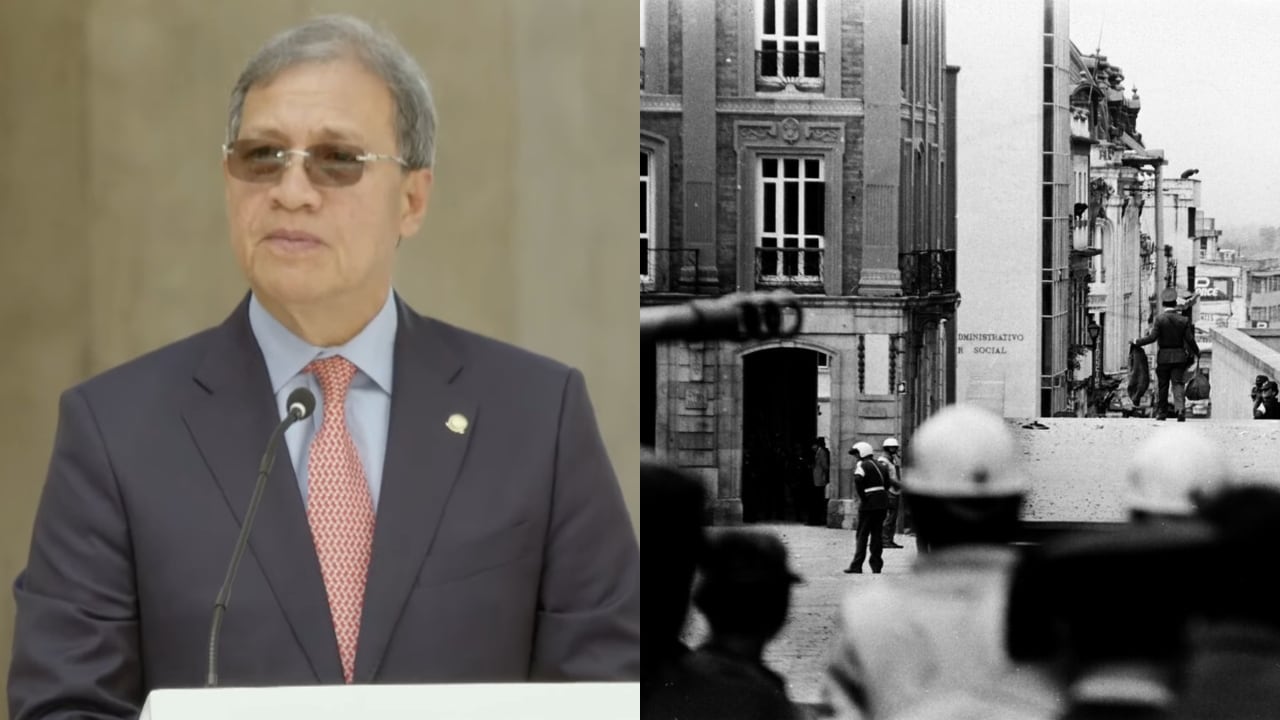 Presidente del Consejo de Estado, Luis Alberto Álvarez, y foto de la toma del Palacio de Justicia que hace parte del álbum de Rafael González.