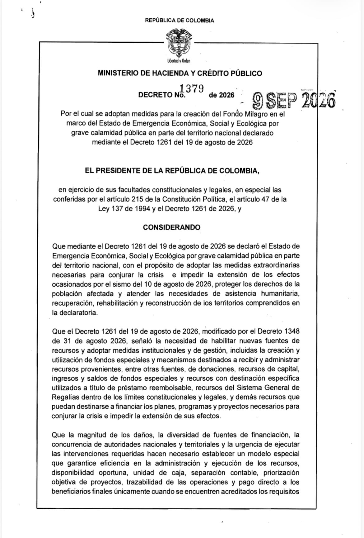 Decreto formado por el presidente De La Espriella