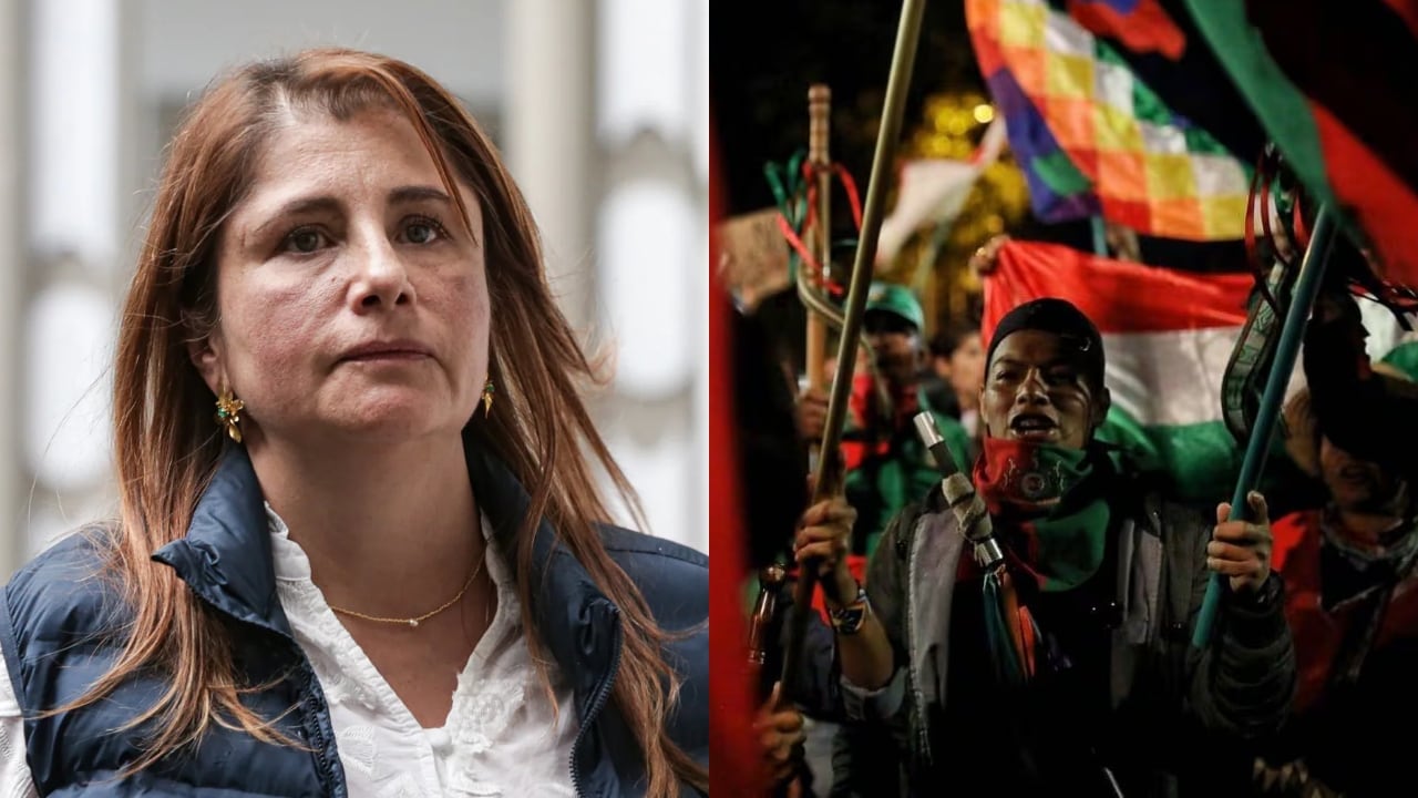 Defensora del Pueblo, Iris Marín, y una imagen de la guardia indígena.