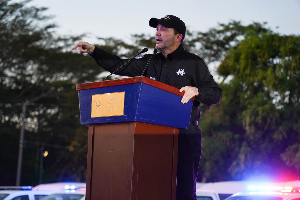 SAN LUIS TALPA, LA PAZ, EL SALVADOR - 2024/01/31: El Salvador's Minister of Security Gustavo Villatoro speaks during an event to introduce 100 new vehicles into the National Police Force, just four days before the Presidential elections. (Photo by Camilo Freedman/SOPA Images/LightRocket via Getty Images)