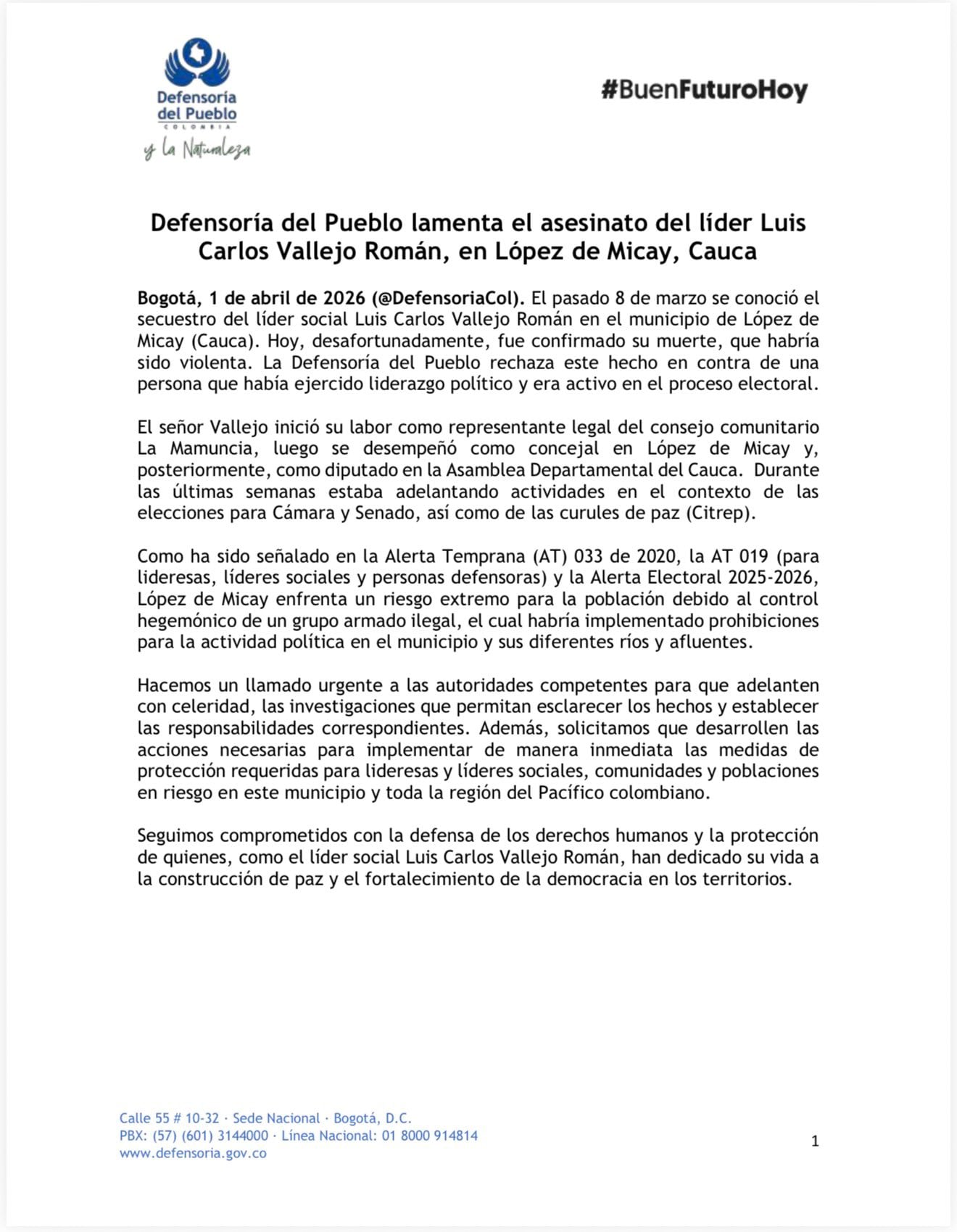 Comunicado Defensoría del Pueblo rechazando el asesinato del diputado Luis Carlos Vallejo.