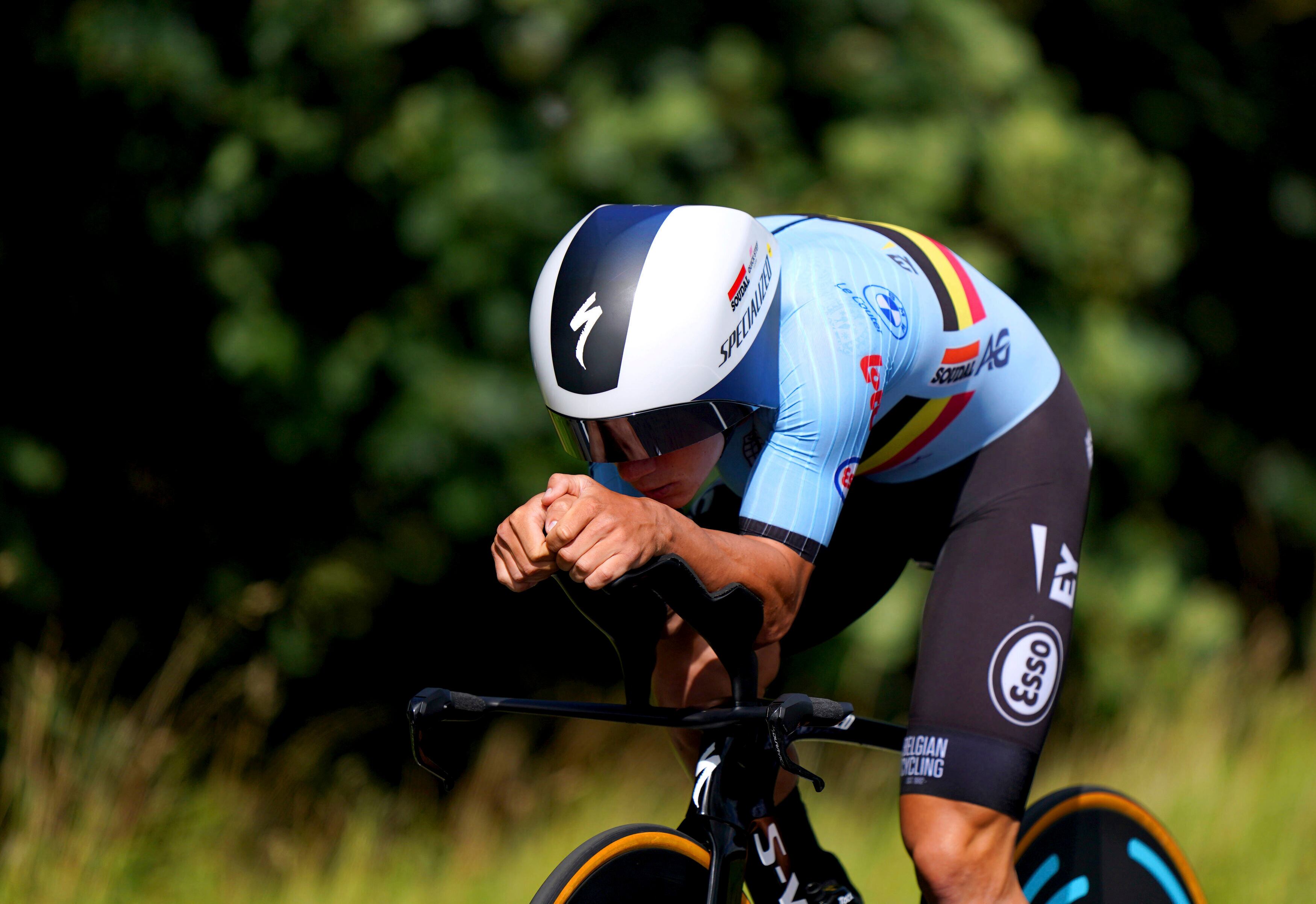 Belgium's Remco Evenepoel in the Men's Elite Individual Road Time Trial on day nine of the 2023 UCI Cycling World Championships in Stirling, Scotland, Friday Aug. 11, 2023. (Tim Goode/PA via AP)