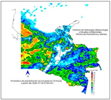 Mapa del clima para el miércoles 1 de julio en Colombia.
