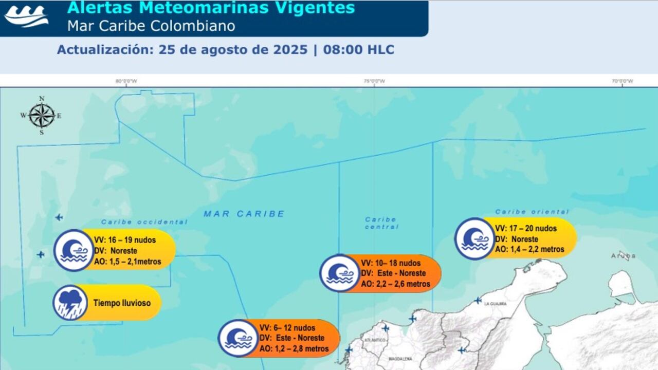 Alertas Meteomarinas Vigentes en mar Caribe colombiano, según gráfica del Ideam.