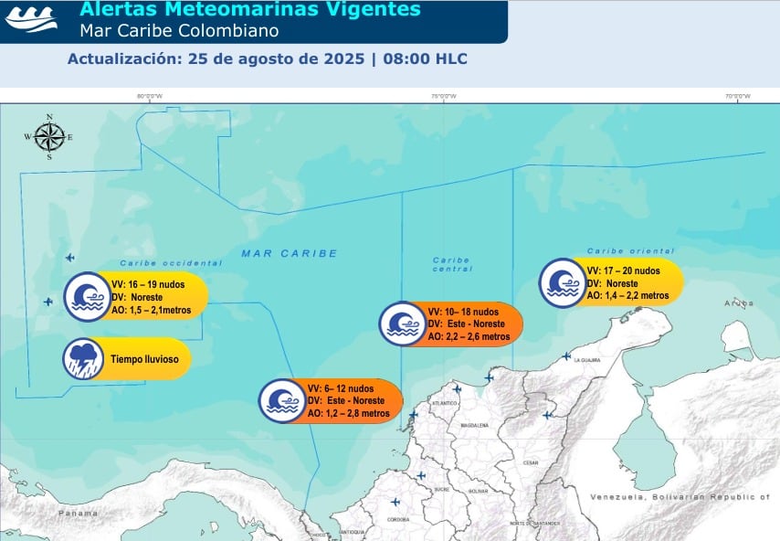 Alertas Meteomarinas Vigentes en mar Caribe colombiano, según gráfica del Ideam.