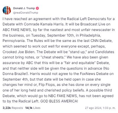 El mensaje de confirmación fue publicado en la red social de Donald Trump, Truth