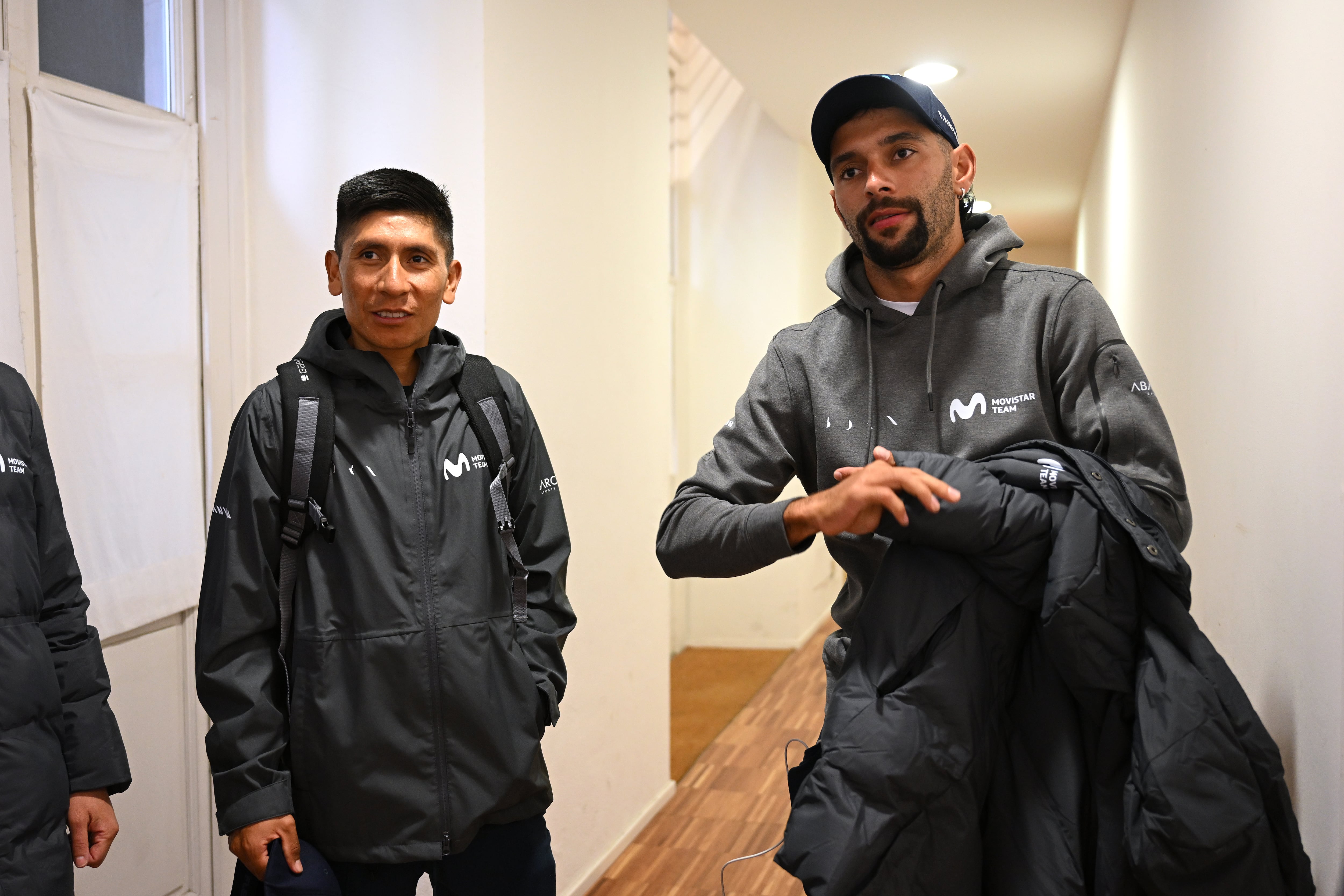 TURIN, ITALY - MAY 02: (L-R) Nairo Quintana of Colombia and Fernando Gaviria of Colombia and Movistar Team during the Movistar Team press conference prior to the 107th Giro d'Italia 2024 / #UCIWT / on May 02, 2024 in Turin, Italy. (Photo by Dario Belingheri/Getty Images)