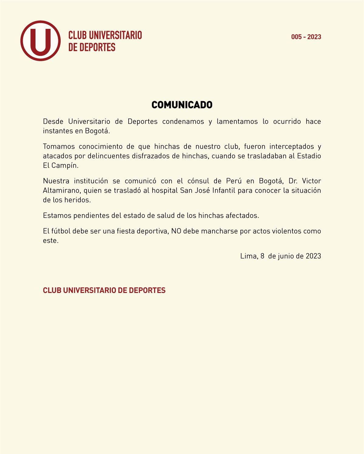 Universitario rechazó los ataques contra su hinchada