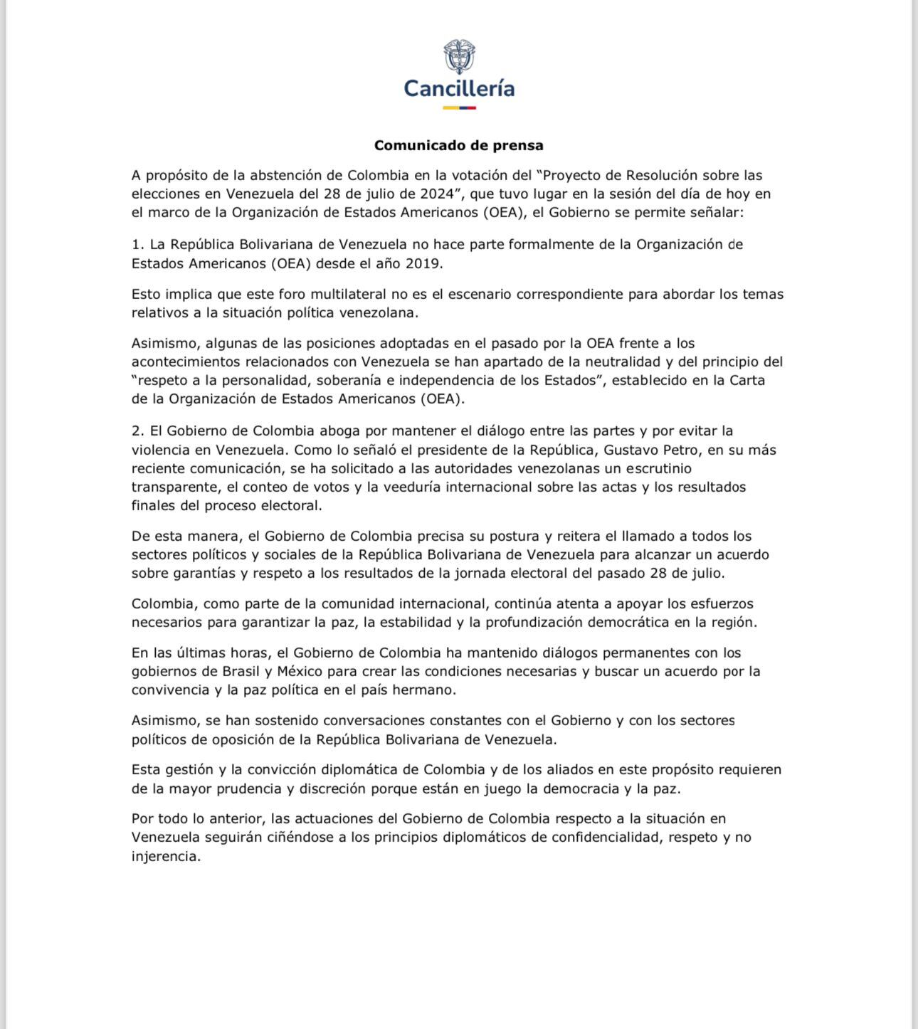 Comunicado de la cancillería