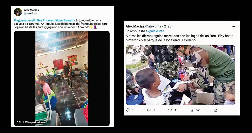 En municipios como Yarumal, Antioquia, son constantes las imágenes de grupos armados adoctrinando niños bajo supuestas ayudas sociales. Estas acciones se han repetido en departamentos como Cauca, Valle y Nariño. 