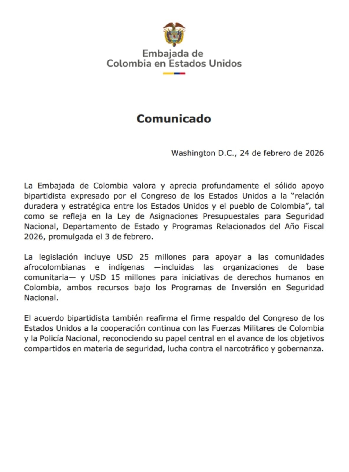 comunicado oficial embajada de Colombia en Estados Unidos