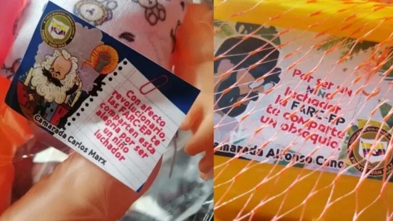 Estas pancartas son algunos de los regalos que las disidencias de las Farc les están dando a los niños en el Huila.