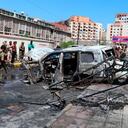 Restos de un vehículo destruido por un ataque con coche bomba en la ciudad portuaria yemení de Adén, Yemen (Foto del 10 de octubre de 2021).