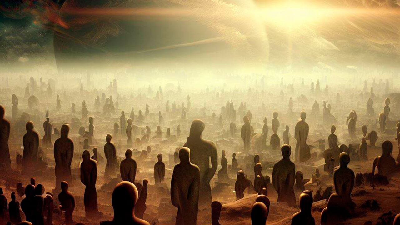 Ilustración del futuro de la humanidad en un mundo sin vida.