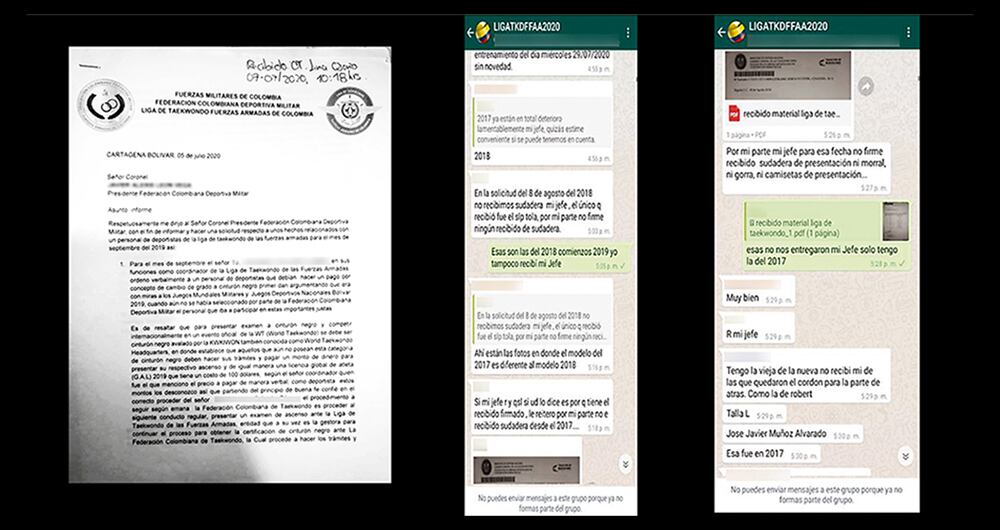  Cartas enviadas al director de la Escuela de Suboficiales de la Fuerza Aérea con las denuncias o advertencias de corrupción. Chats con el suboficial vinculado y en los que los subalternos le piden la entrega de implementos destinados a la Liga de Taekwondo de las FF. MM.