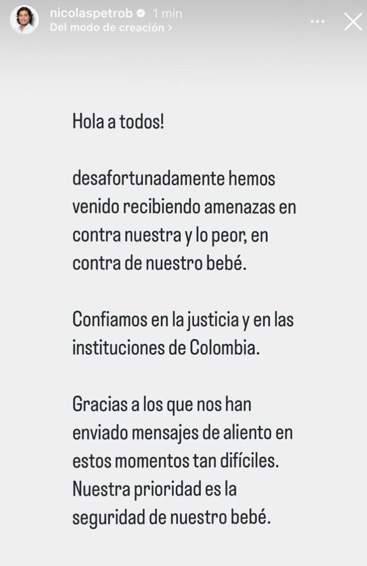 Nicolás Petro publicó un mensaje en sus redes sociales donde denuncia amenazas contra él y su familia.