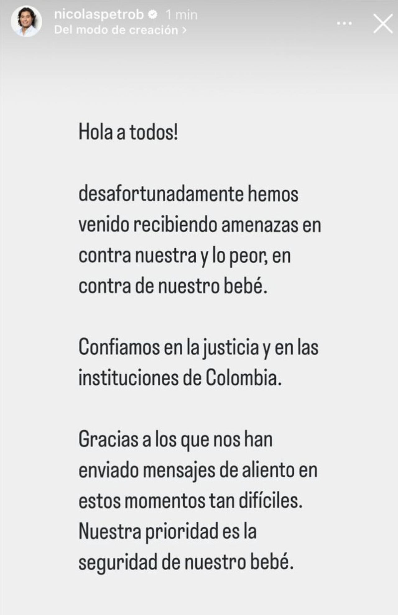 Nicolás Petro publicó un mensaje en sus redes sociales donde denuncia amenazas contra él y su familia.
