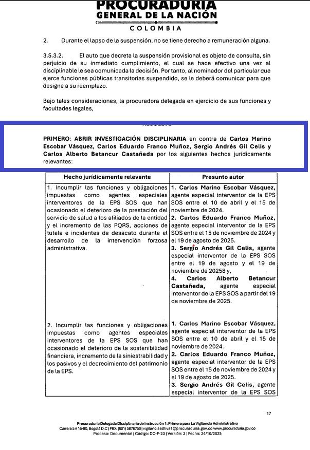 La Procuraduría investiga a seis exinterventores y suspende a dos interventores del gobierno de Petro en dos EPS.