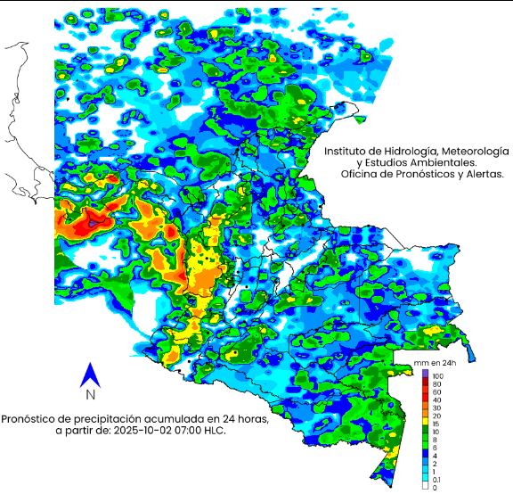 La escala de colores indica la cantidad de precipitación acumulada (en milímetros) el 2 de octubre de 2025