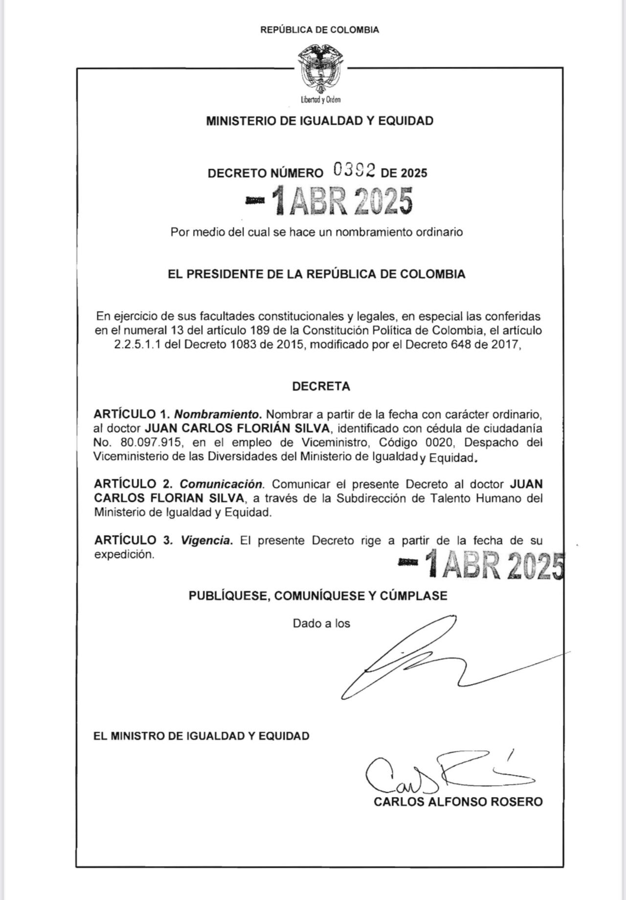 Decreto Juan Carlos Florián