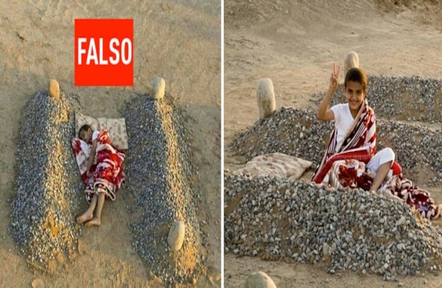 La foto de un niño  acostado entre las tumbas de sus padres como una prueba de la tragedia del pueblo sirio. pero, en realidad se trata de un proyecto artístico del fotógrafo Abdul Aziz al-Otaibi, quien  ha expresado su descontento con tal manipulación llevada a cabo a través de su obra.