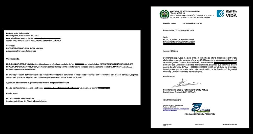   En su afán de que le protejan la vida, como consta en estos documentos, el juez también ha golpeado las puertas de la Procuraduría, la Corte Suprema de Justicia, el Consejo Superior de la Judicatura y la Policía Nacional.