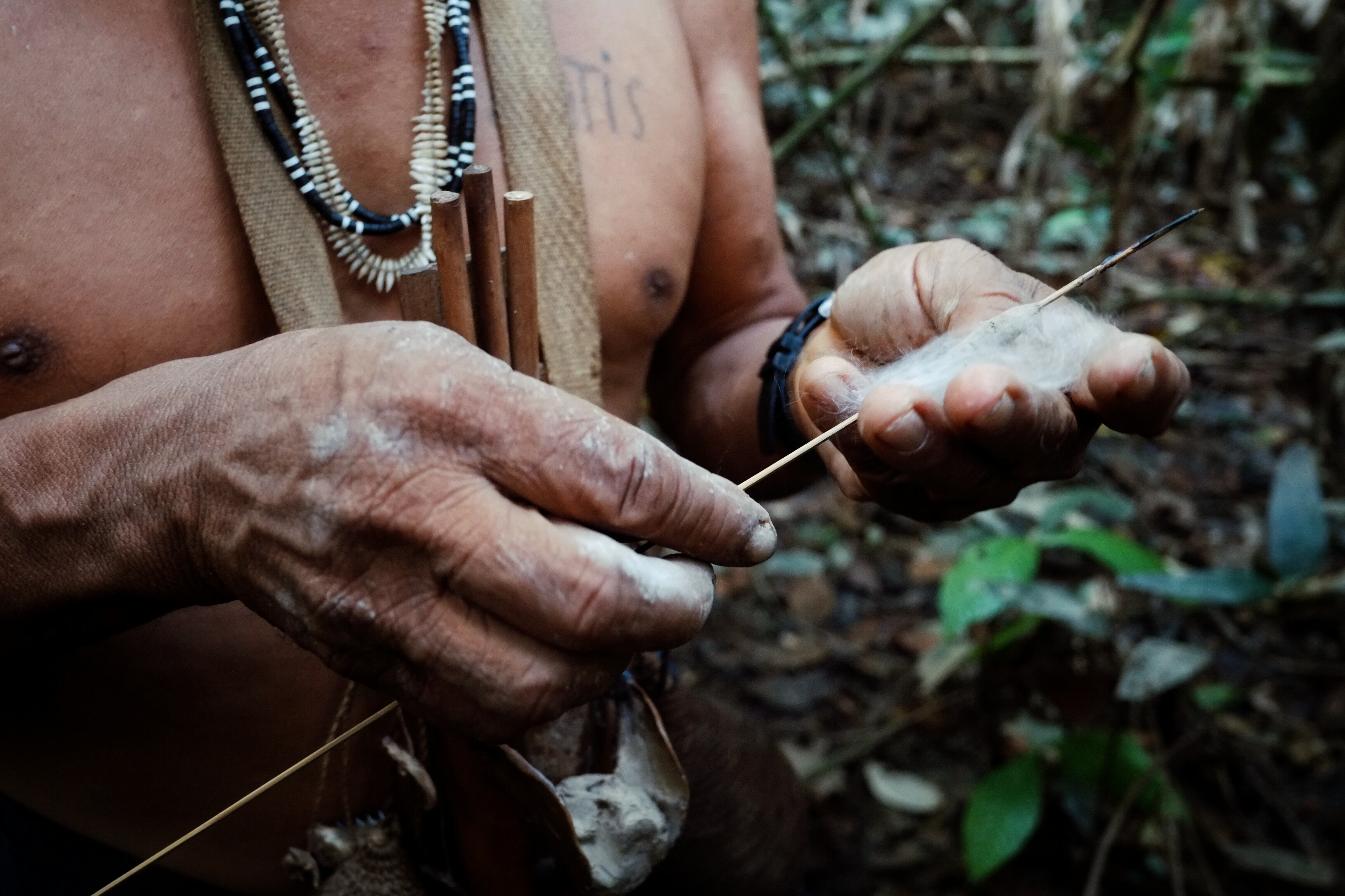 Atalaia du Norde, Amazonia / Brazil - FEB 02 2016:Tribal elder Binan Tukum hunting with his son for monkeys in the rainforest