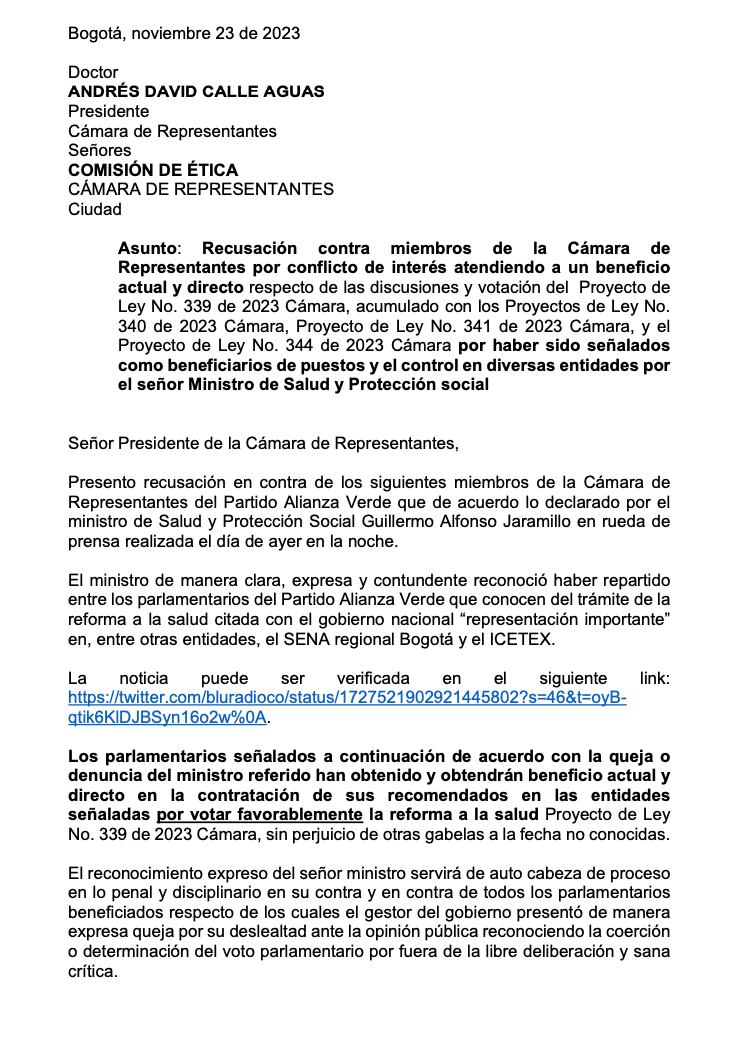 Recusación a los congresistas de la Alianza Verde.