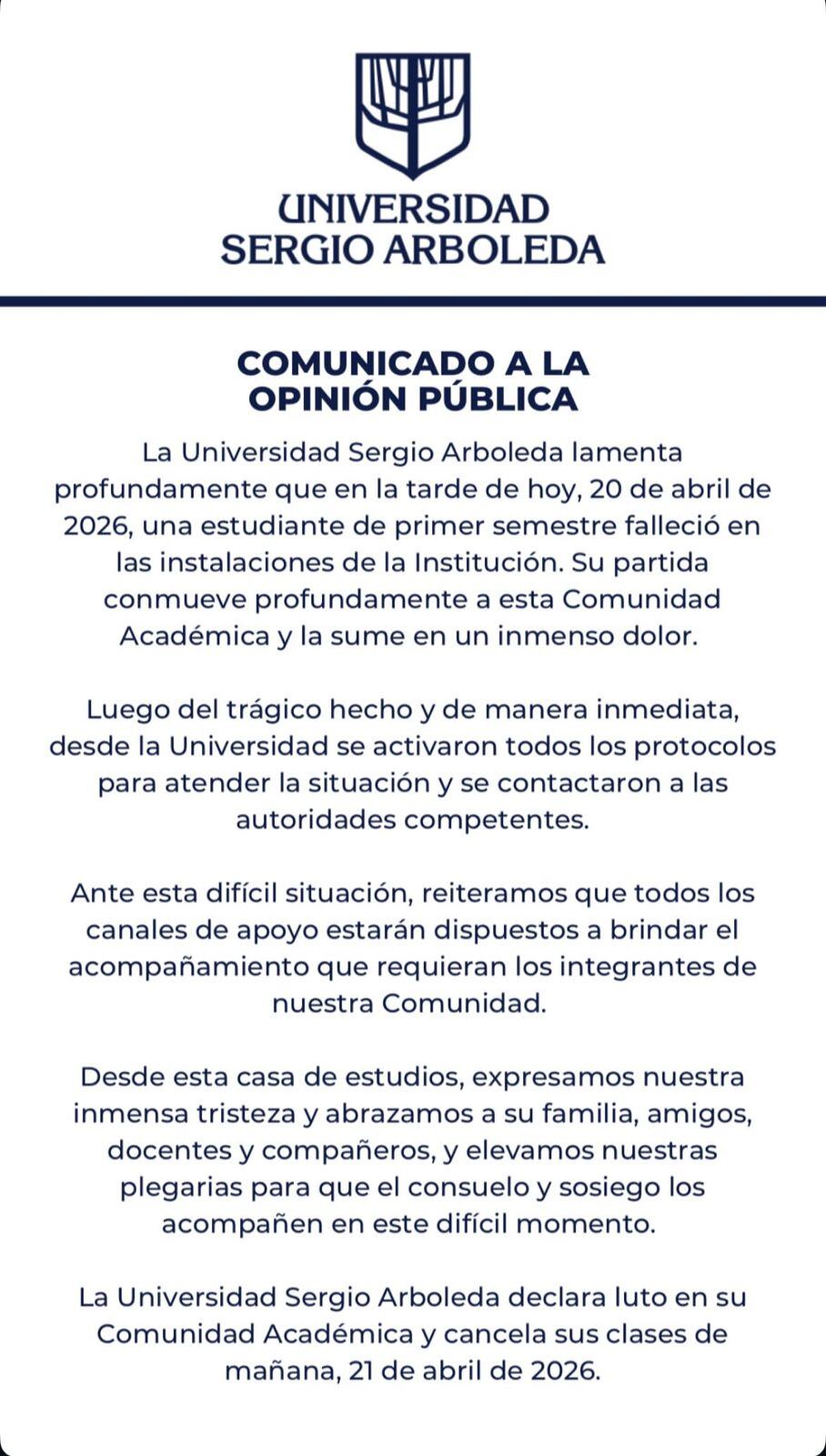 Comunicado oficial de la universidad Sergio Arboleda