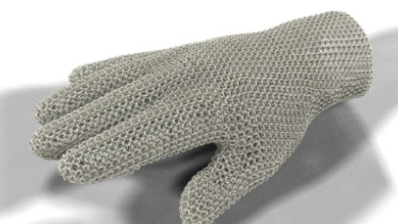 Guante en cota de malla como el que se usaba en el medioevo, diseñado por Within para mostrar las posibilidades de los programas de diseño e impresión en 3D en la fabricación de prendas. Hay en acero, titanio y nylon.