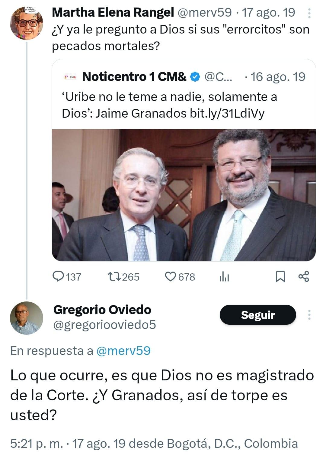 Gregorio Oviedo, esposo de Amelia Pérez, publicó mensajes contra el expresidente Álvaro Uribe.