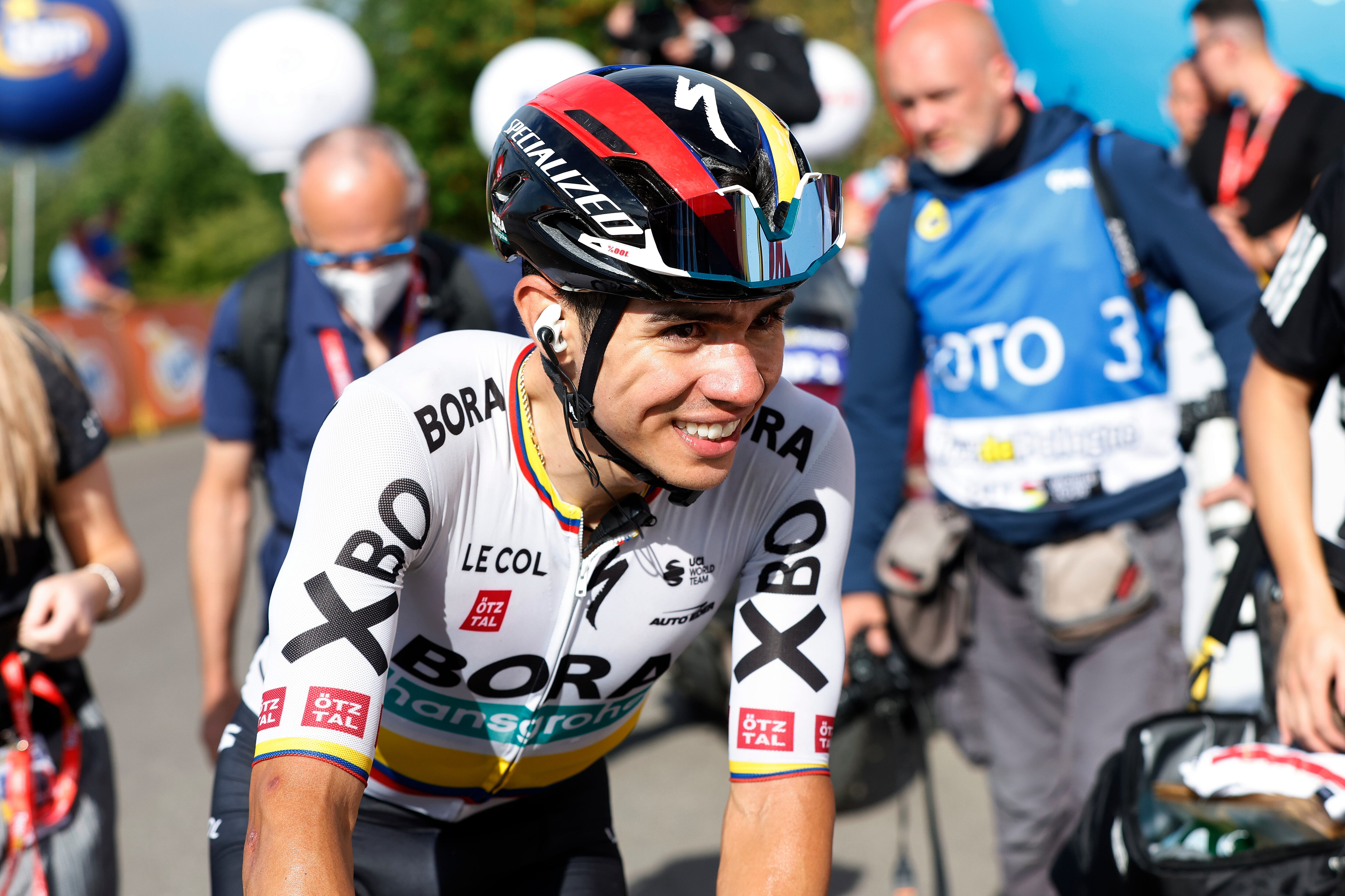 PRZEMYSL, POLAND - AUGUST 01: Sergio Andres Higuita Garcia of Colombia and Team Bora - Hansgrohe celebrates at finish line as stage winner during the 79th Tour de Pologne 2022 - Stage 3 a 237,9km stage from Kraśnik to Przemyśl / #TdP22 / #WorldTour / on August 01, 2022 in Przemysl, Poland. (Photo by Bas Czerwinski/Getty Images)