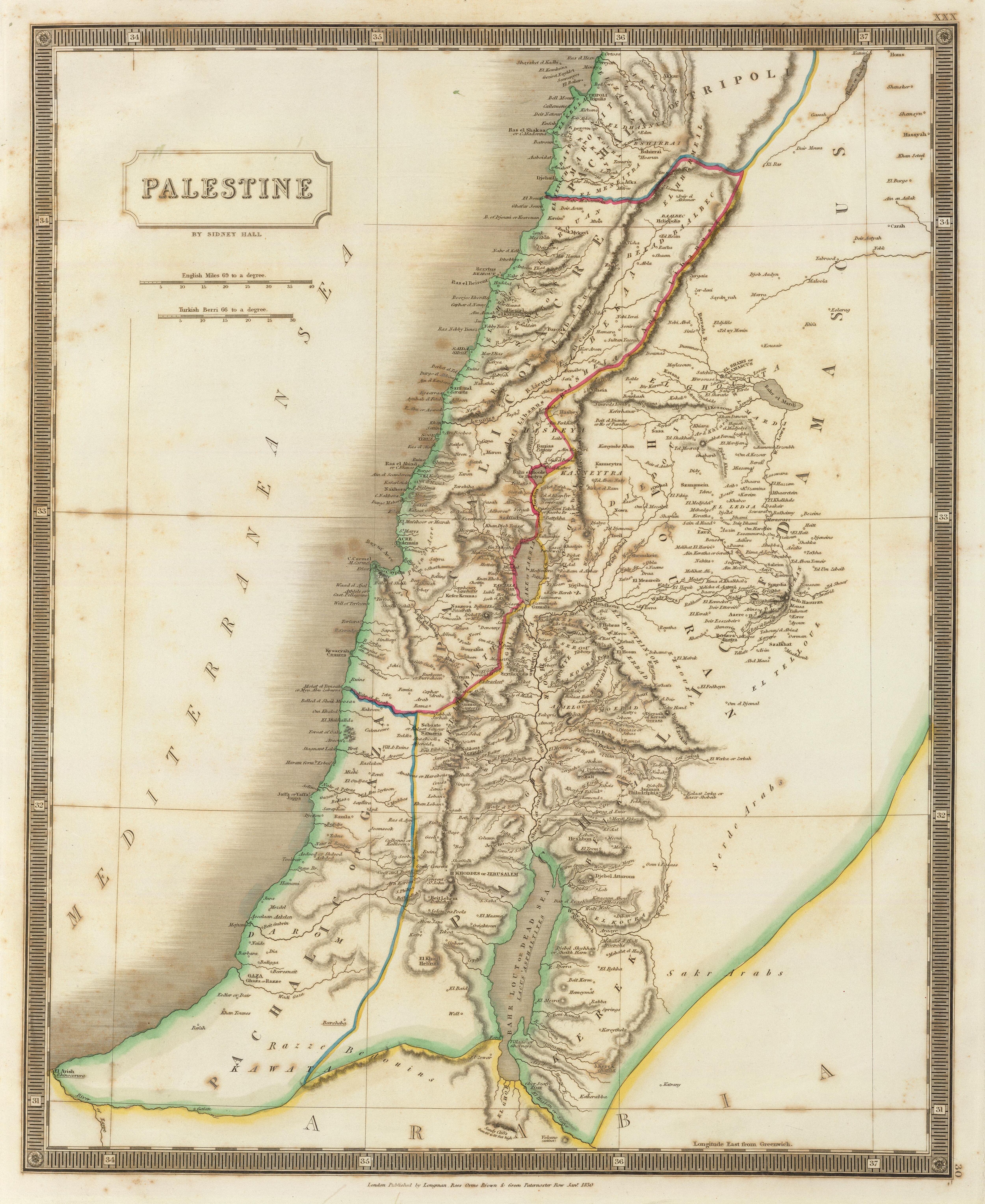 Mapa de Palestina en 1830 que muestra las subdivisiones otomanas, hecho por Sidney Hall. David Rumsey Map Collection/Wikimedia Commons