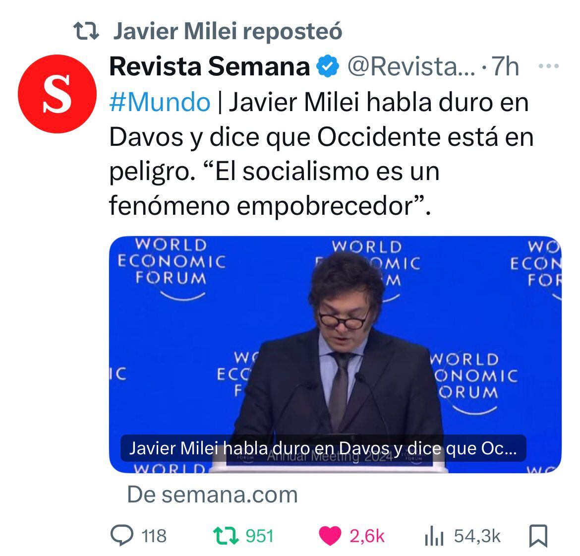 Javier Milei amplifica un contenido de SEMANA