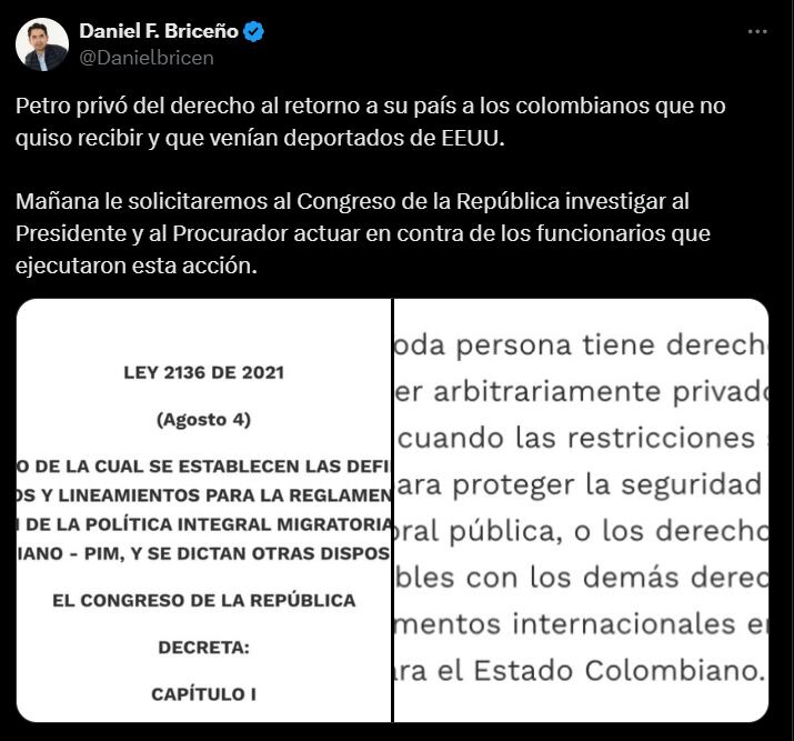 Briceño, con pruebas legales en mano, criticó la negativa del gobierno de Petro a recibir deportados, citando la Ley 2136 de 2021 y el "derecho al retorno".