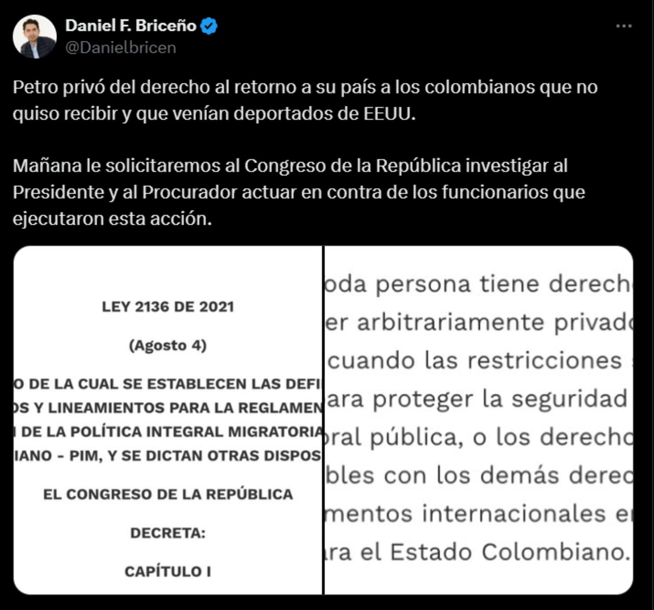 Briceño, con pruebas legales en mano, criticó la negativa del gobierno de Petro a recibir deportados, citando la Ley 2136 de 2021 y el "derecho al retorno".