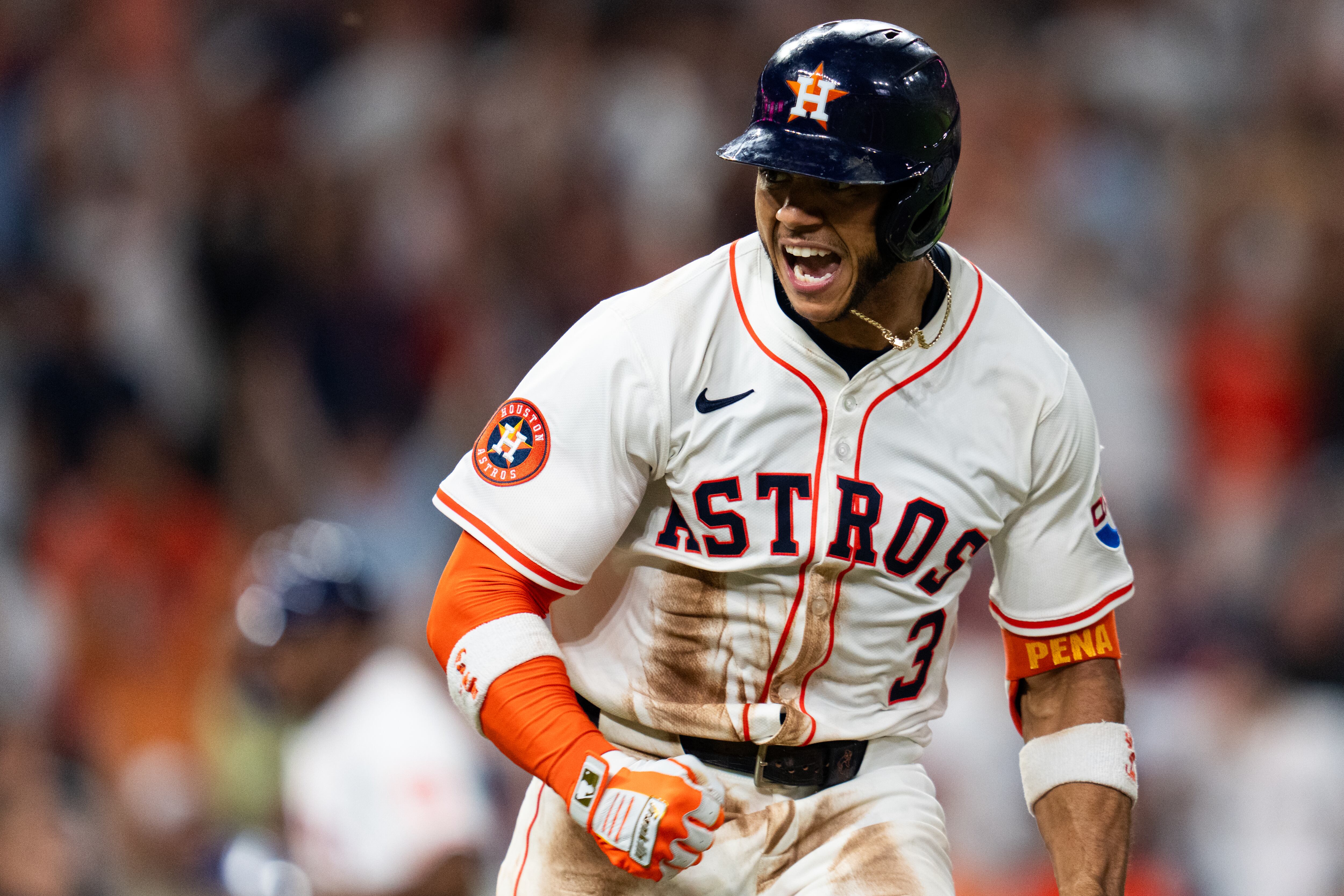 HOUSTON, TEXAS - SEPTEMBER 03: Jeremy Peña #3 of the Houston Astros reacts after hitting an RBI single in the eighth inning against the New York Yankees at Daikin Park on September 03, 2025 in Houston, Texas. (Photo by Houston Astros/Getty Images)