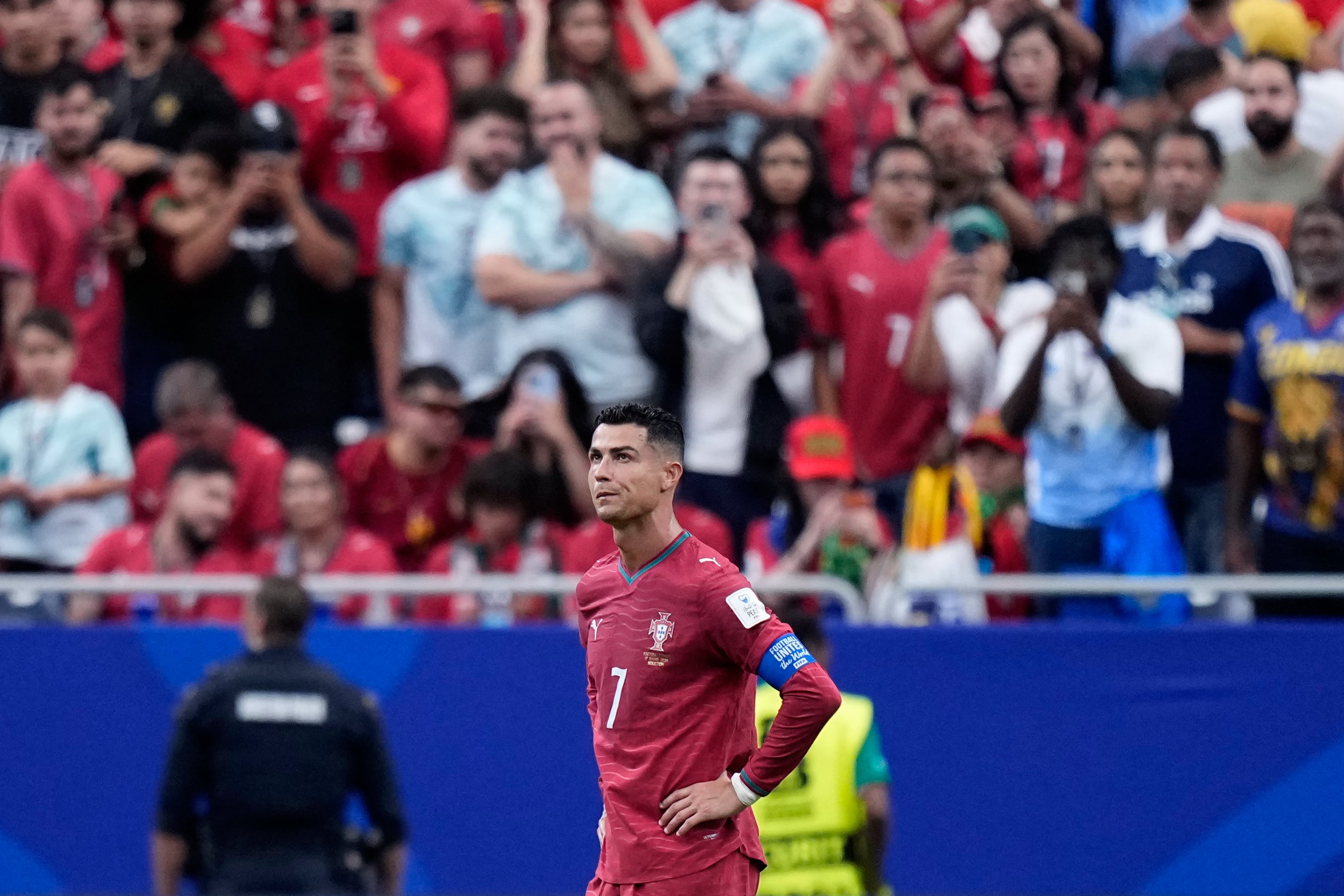 Portugal's Cristiano Ronaldo reacts at the the end of the World Cup Group K soccer match between Portugal and Congo in Houston, Wednesday, June 17, 2026. (AP Photo/Ashley Landis)