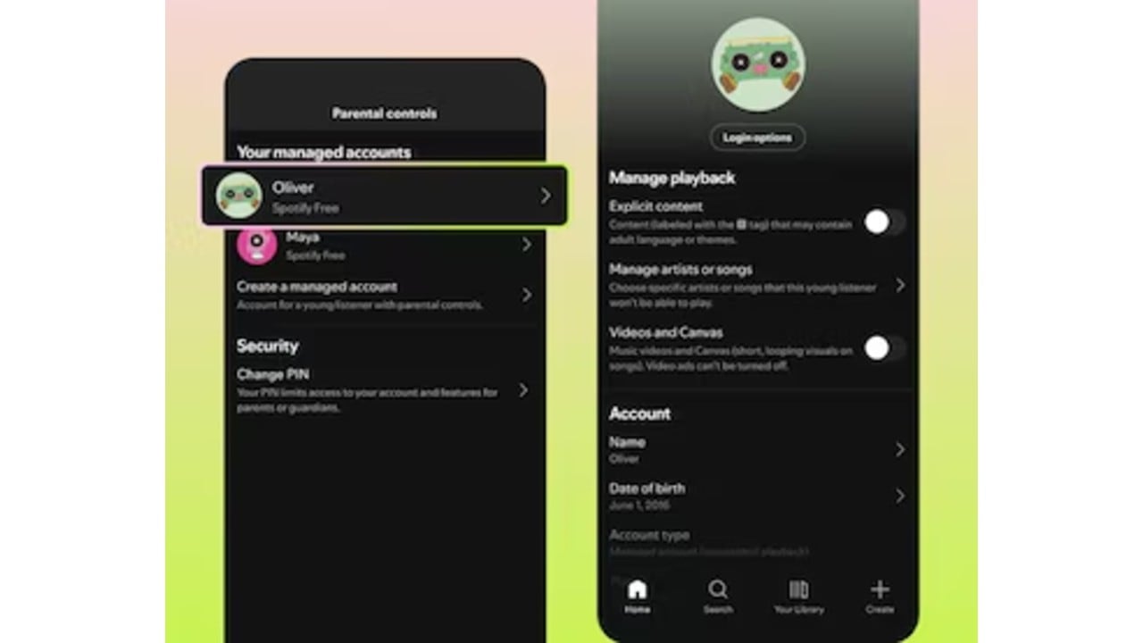 Cuentas administradas para menores en el plan gratuito de Spotify.