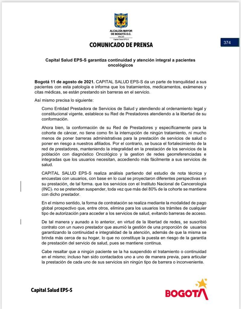 Comunicado de Capital Salud EPS.