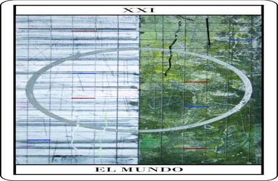 EL MUNDO - Carlos Salas Ahora que he repasado especialmente la carta El Mundo para hacer su ilustración, veo de nuevo que el tarot me dice cosas que se aplican con exactitud al momento que vivo, uno en el que se cierra el círculo y se retorna al origen. Por ello decidí acudir a El retorno, una obra que realicé en el pasado. En ella están presentes elementos formales y de sentido que parecieran inspirados en El Mundo.