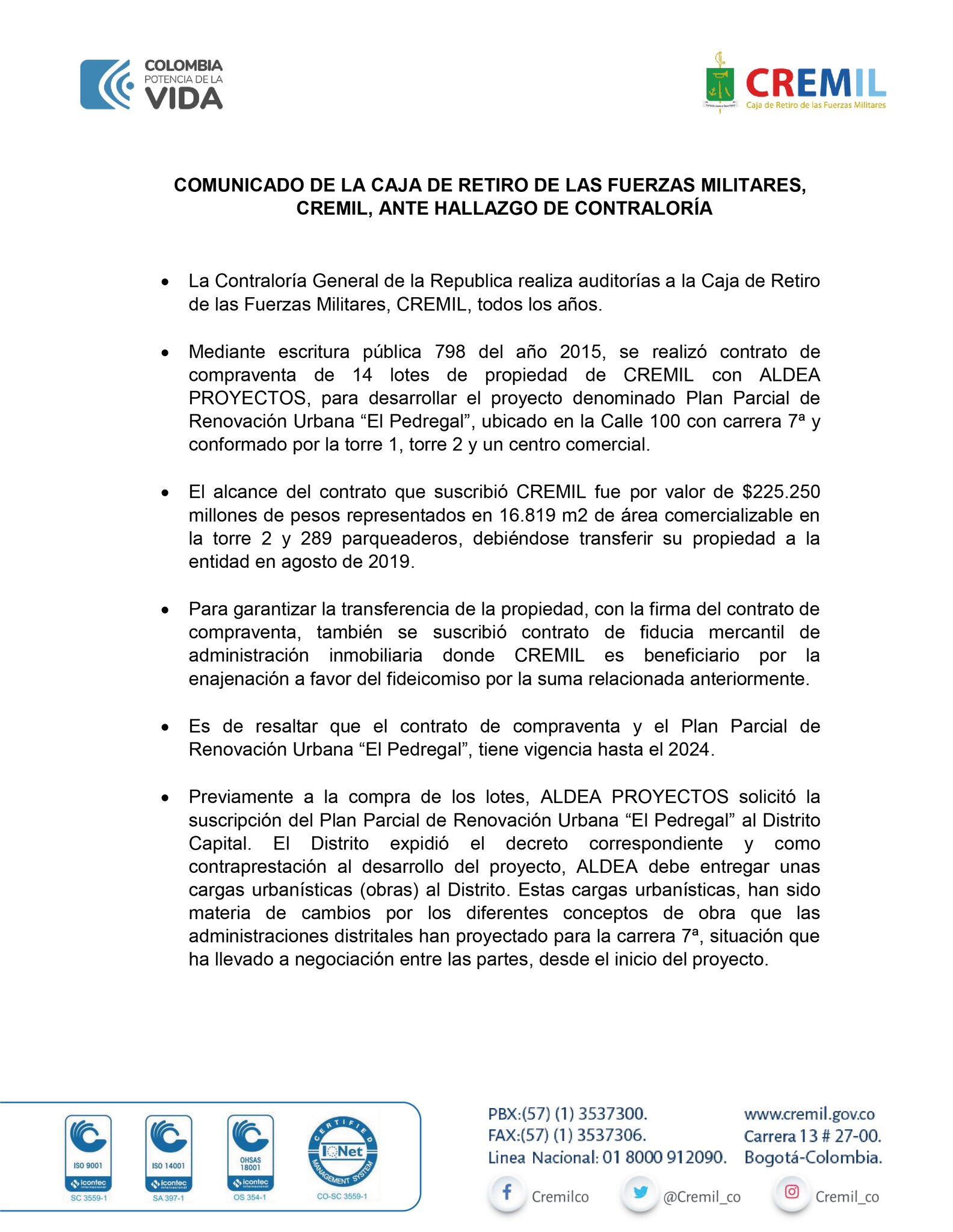 Respuesta CREMIL sobre hallazgo de la Contraloria @Cremil_co