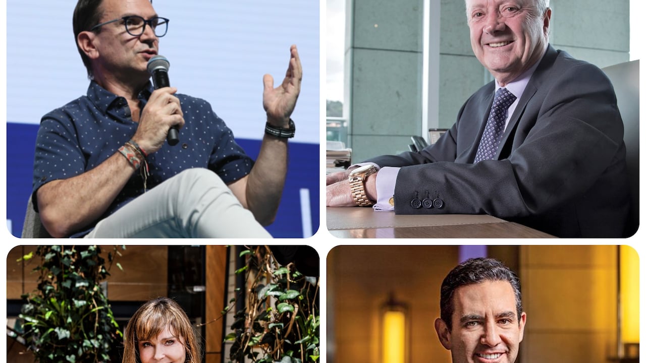 Líderes empresariales que encabezan el escalafón Merco 2025: Juan Carlos Mora, presidente de Grupo Cibest (Bancolombia); Arturo Calle; Beatriz Fernández (Crepes & Waffles) y David Vélez (NU).